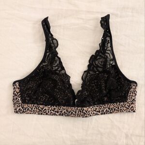Victoria's Secret PINK Black Lace and Cheetah Print Plunge Bralette, Size M